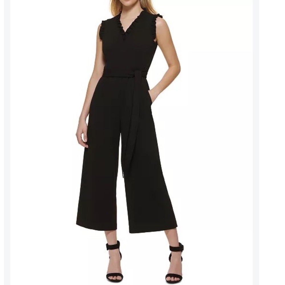 Calvin Klein Womens Black Ruffle V-Neck Wide Leg Belted Jumpsuit Size 10